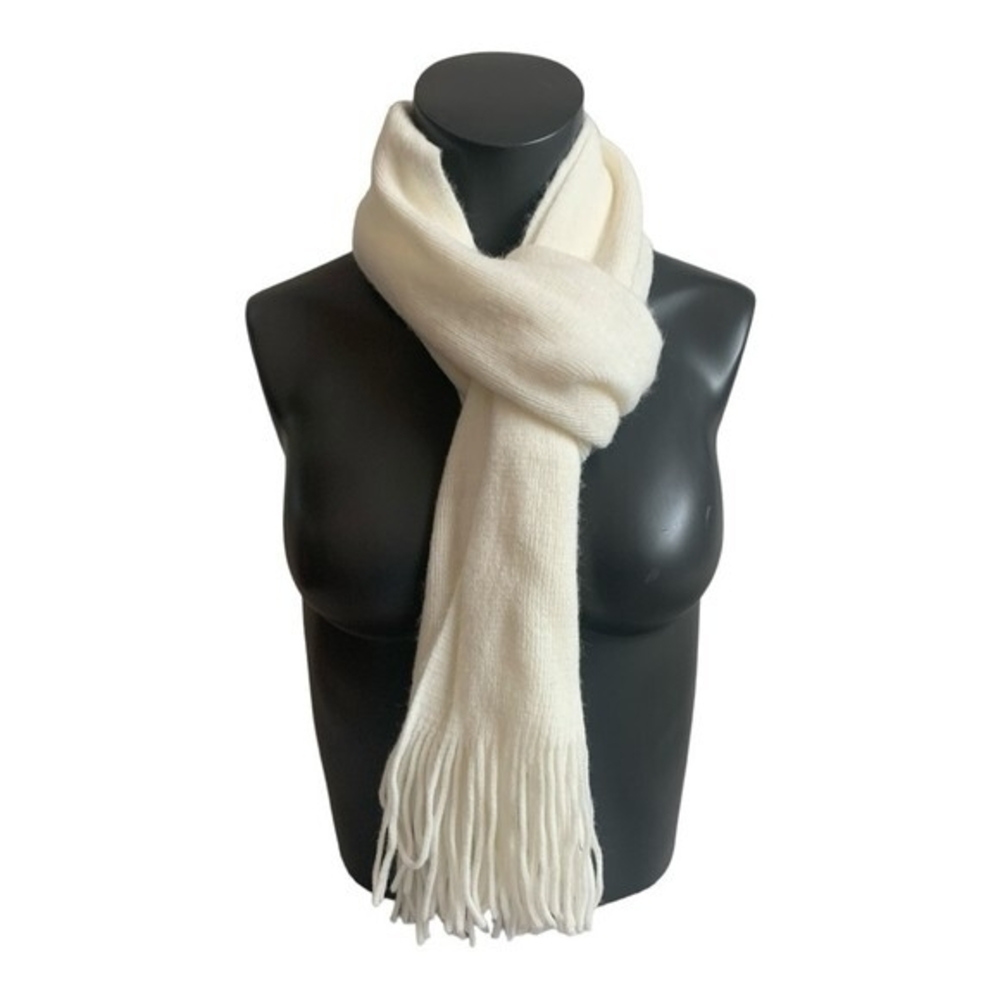 White Mohair Blend Scarf 76x8 Fringe Knit Neck Warmer Women's VG